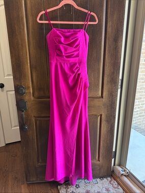 Strapless Fuchsia Ruched Satin Evening Gown